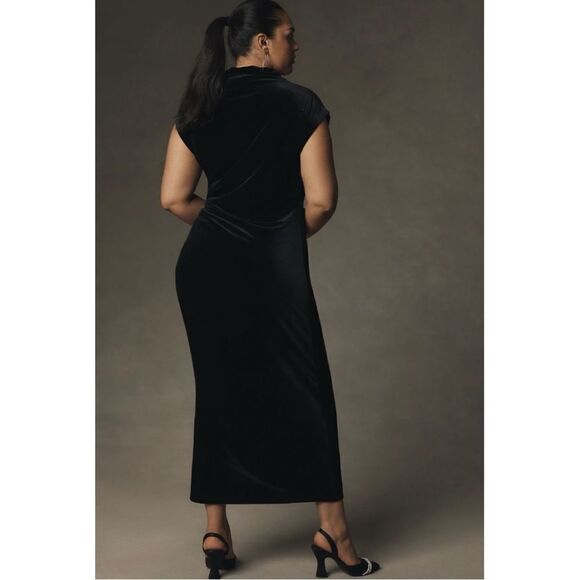 NEW Anthropologie Maya Black Ruched Cowl-Neck Velvet Side-Slit Lined Maxi Dress - Picture 6 of 7